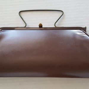 Vintage Brown Leather Snap Clutch Handbag Purse Metal Geometric Handle Gorgeous